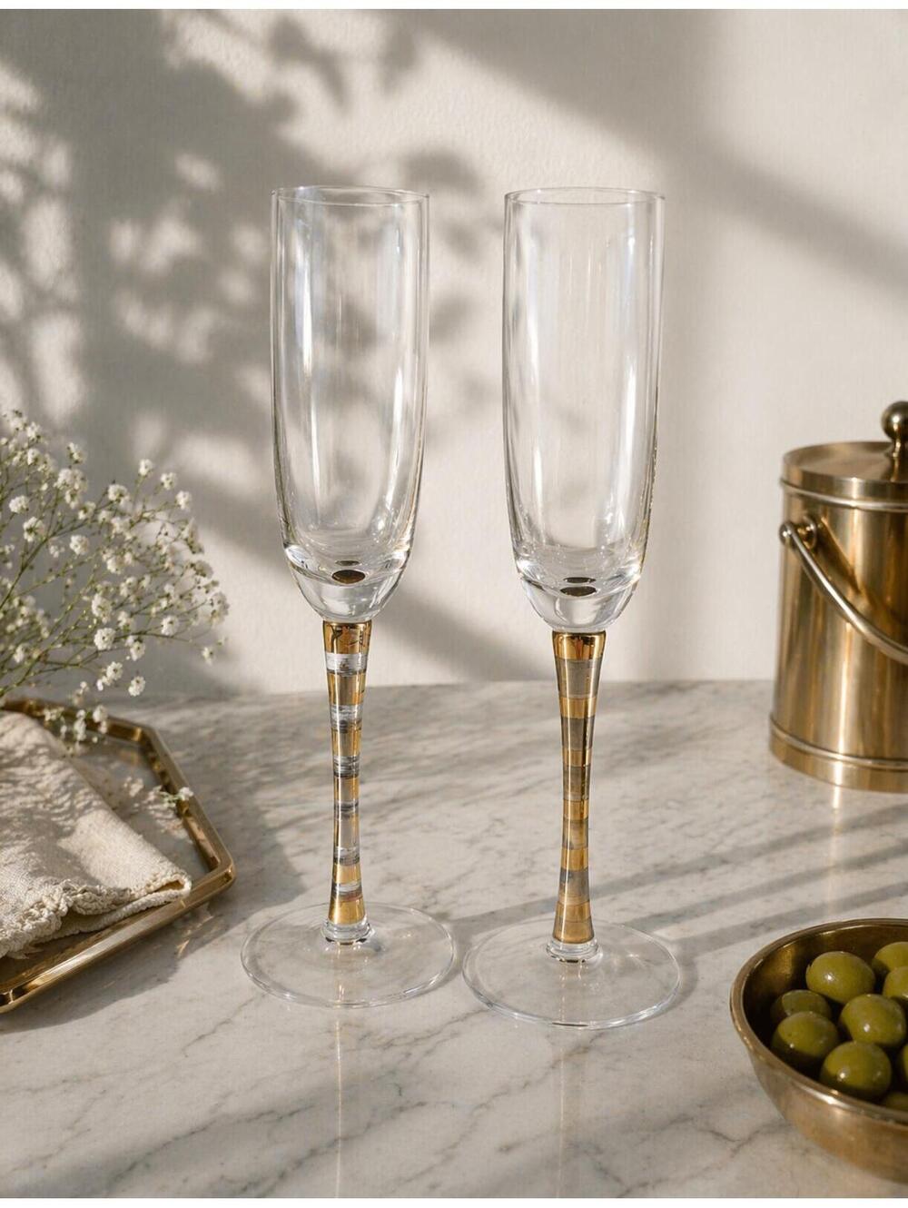 Vintage Pair Liselotte Henriksen Gold/Silver Champagne Glasses for Boda Nova